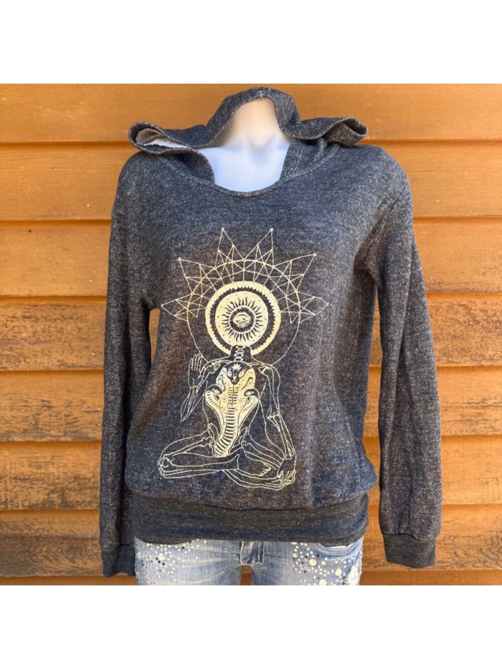 Meditative Graphic Hoodie With Sun & Lotus Design Heathered Gray Soft Lightweigh